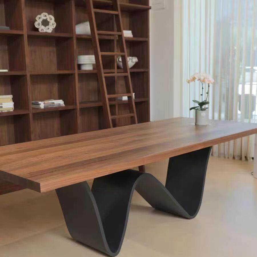 胡桃色大板餐桌长方形洽谈桌异型实木桌子创意个性工作台中古书桌