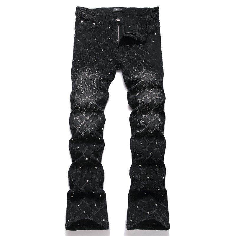 Men Straight Flared Jeans 男士黑色格子钉珠直筒修身喇叭牛仔裤