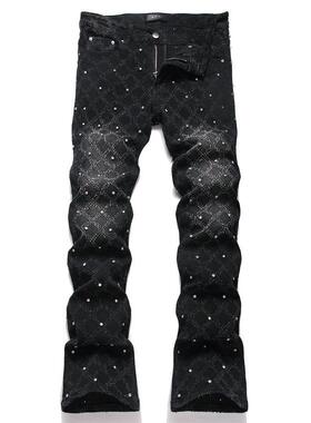 Men Straight Flared Jeans 男士黑色格子钉珠直筒修身喇叭牛仔裤