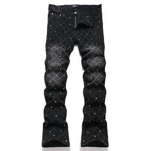 Men Straight Flared Jeans 男士黑色格子钉珠直筒修身喇叭牛仔裤