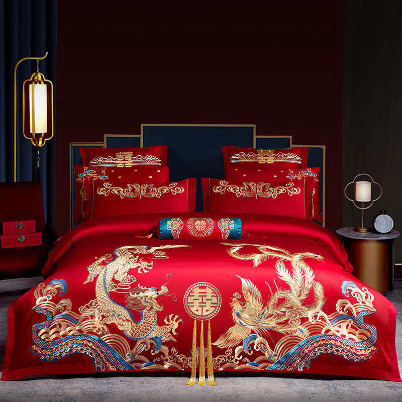 140支婚庆四件套大红全棉刺绣喜庆被套新婚房嫁结婚高档龙凤床品,床上用品,婚庆床品套件,淘宝优惠券,粉丝福利购,淘宝优惠卷