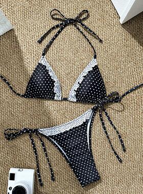 Vintage polka dot lace patchwork bikini 波点拼接花边系绳泳衣