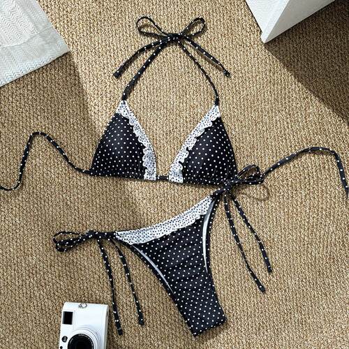 Vintage polka dot lace patchwork bikini 波点拼接花边系绳泳衣