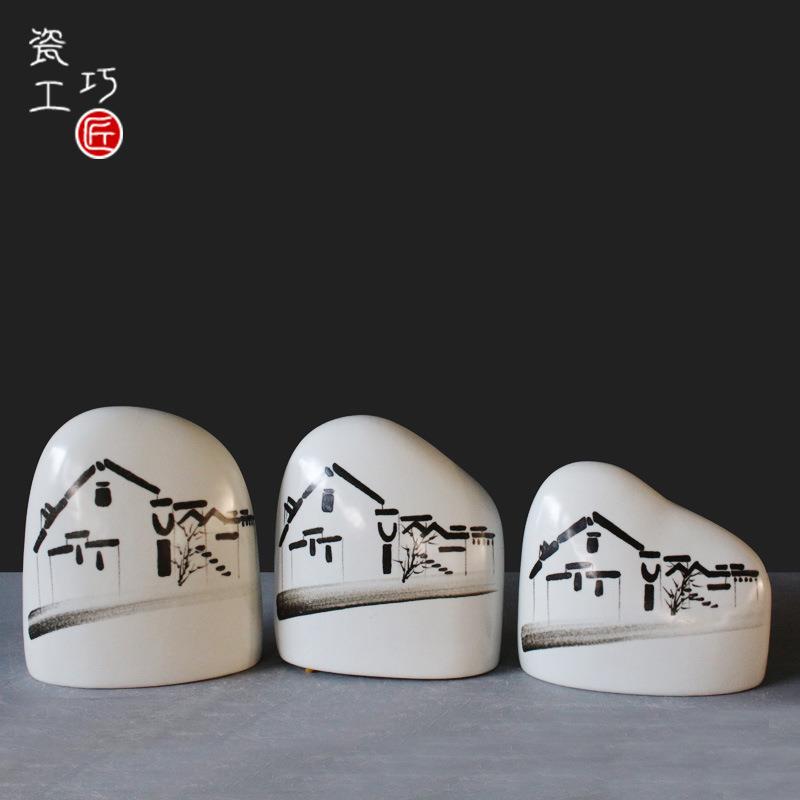 后现代新中式水墨陶瓷摆件家居客厅玄关酒柜装饰品展示柜艺术摆设