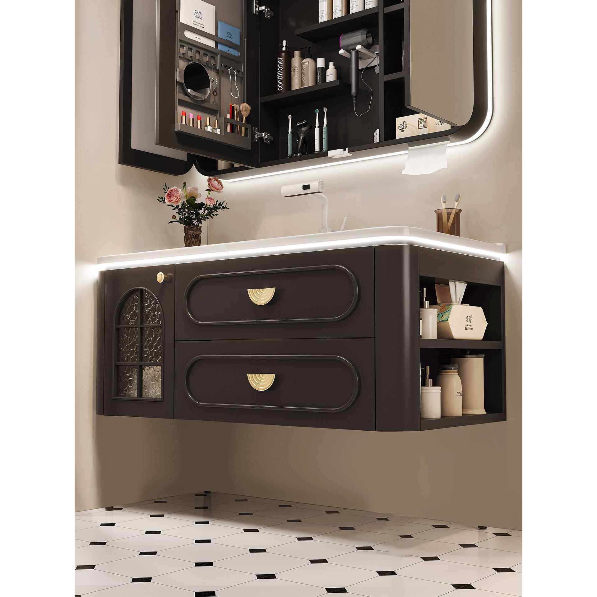 新款圆弧法式覆古黑色浴室柜带侧柜陶瓷一体盆卫生间洗脸盆柜组合