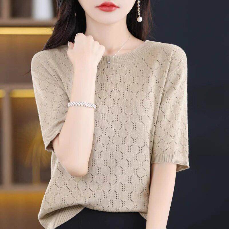 针织圆领短袖T恤女夏新款时尚休闲设计感镂空半袖女士小衫上衣薄