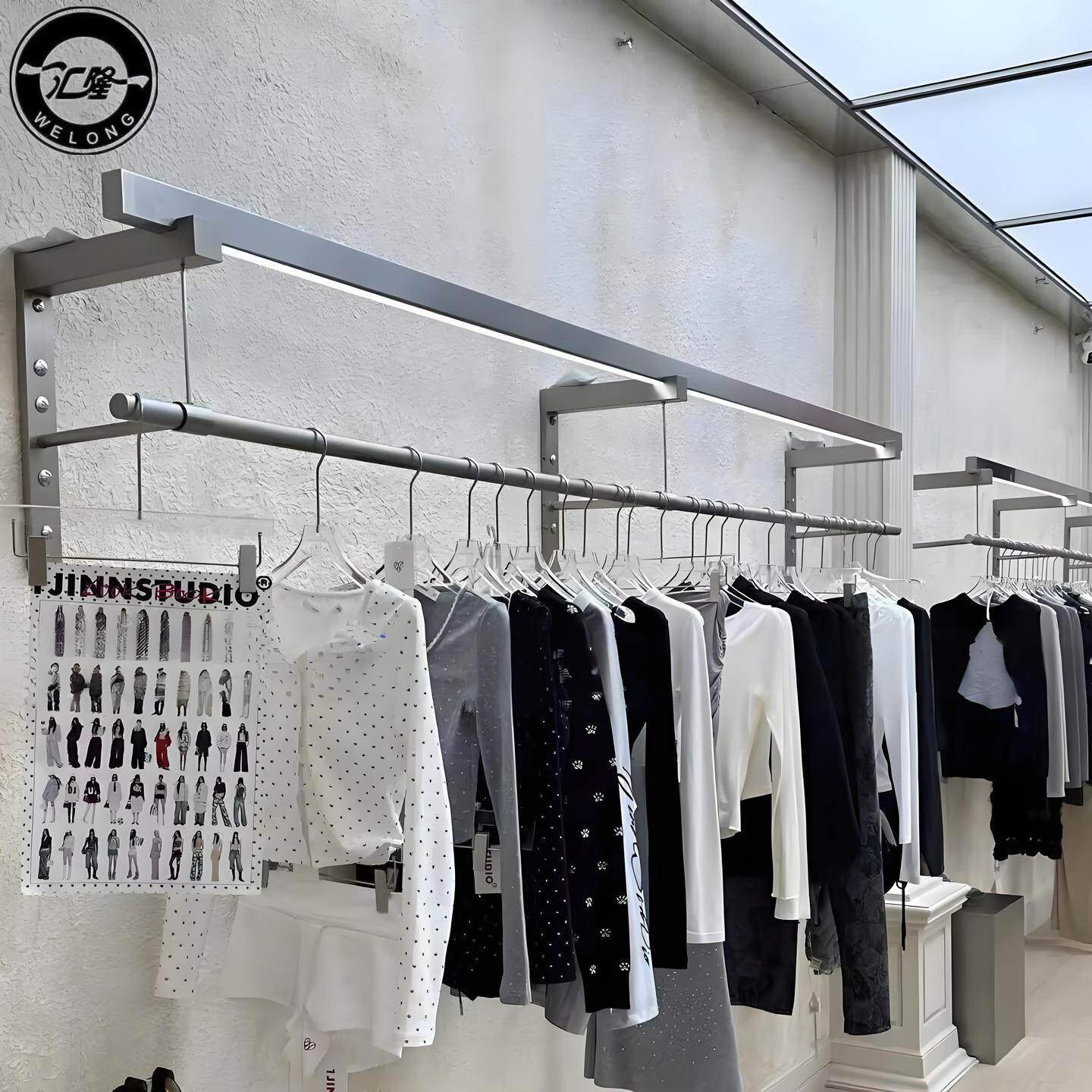 服装店展示架买手店不锈钢上墙架侧挂衣架女装带灯陈列壁挂式货架