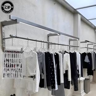 服装店展示架买手店不锈钢上墙架侧挂衣架女装带灯陈列壁挂式货架