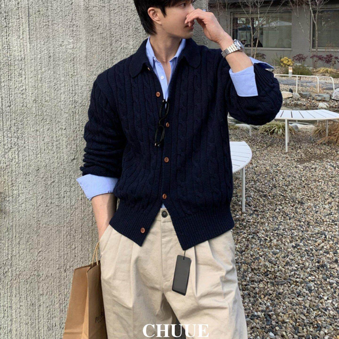 CHUUE/男士毛衣休闲宽松复古外套韩版潮流高级感麻花纹针织开衫潮