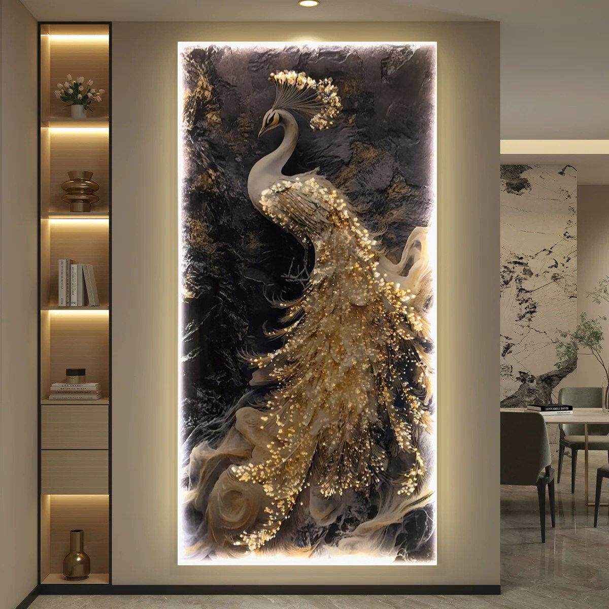 孔雀轻奢入户玄关装饰画LED灯画新款高级感晶瓷挂画走廊过道壁画