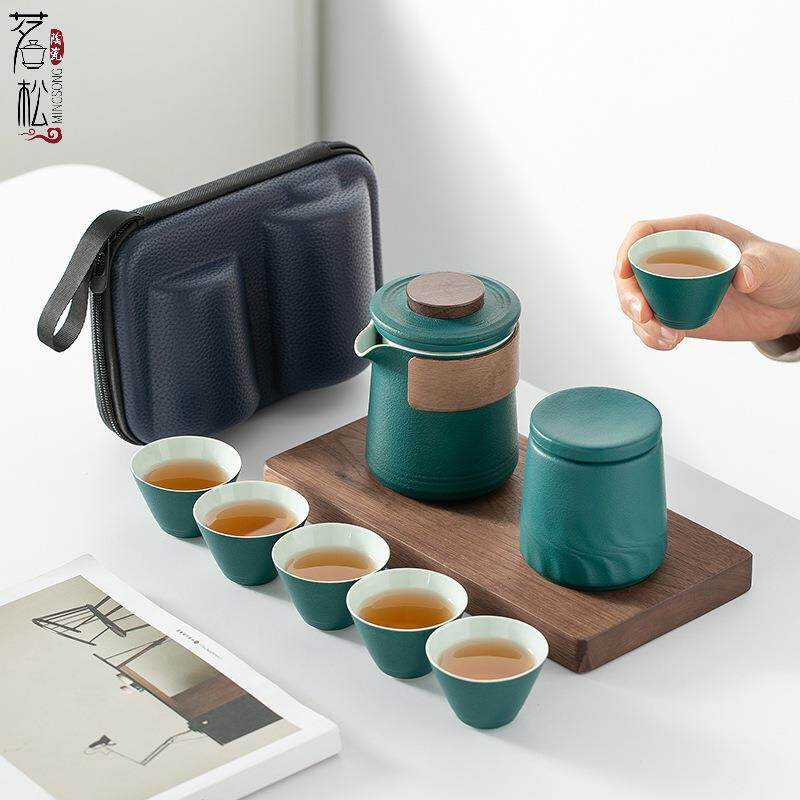 粗陶快客杯陶瓷户外旅行茶具一壶六杯玻璃便携式功夫茶具套装简约