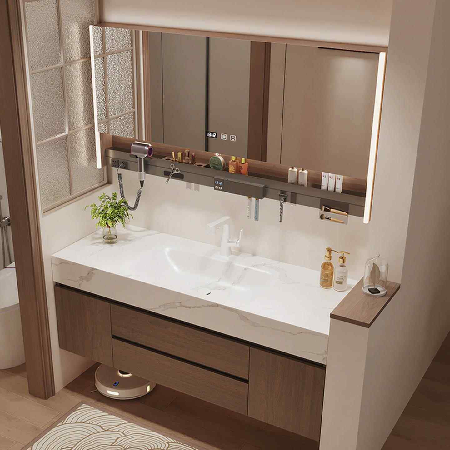 新中式胡桃木色岩板热弯一体盆浴室柜卫生间洗漱台洗手洗脸台盆柜