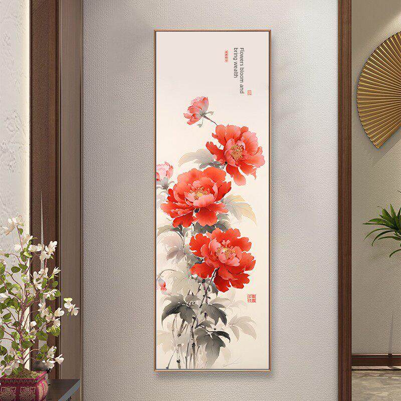 新中国风牡丹画入口入口鲜花盛开财富入口大门对面墙壁装饰画走廊