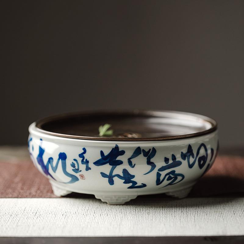 拟古青瓷青花手写草书诗文干泡壶承功夫茶具双层蓄水铜片茶盘茶台