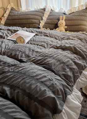 新款IN韩版轻奢公泡主风件床裙小清新纯白色泡双层花S边被套床单