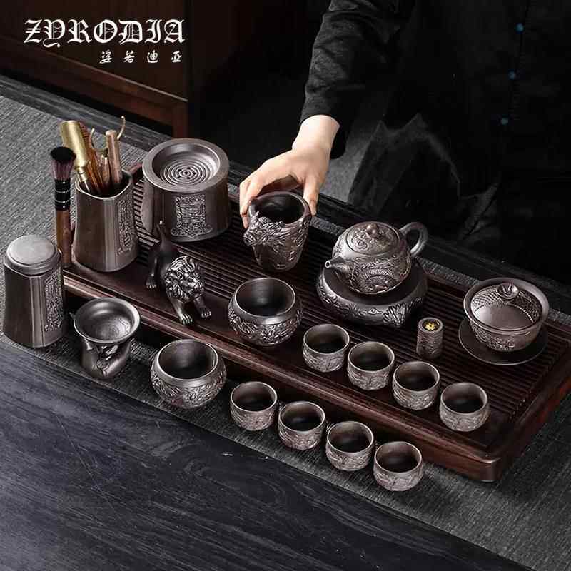 ZYRODIA 紫砂壶功夫茶具家用中式陶瓷泡茶壶茶杯子浮雕龙纹整套