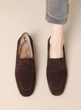 【意大利】René Vanvilla减龄保暖?粗跟2.5cm 麂皮加绒乐福鞋女