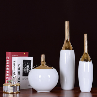 创意工艺陶瓷现代轻奢镀金陶瓷花瓶摆件中式客厅装饰柜摆饰品花瓶