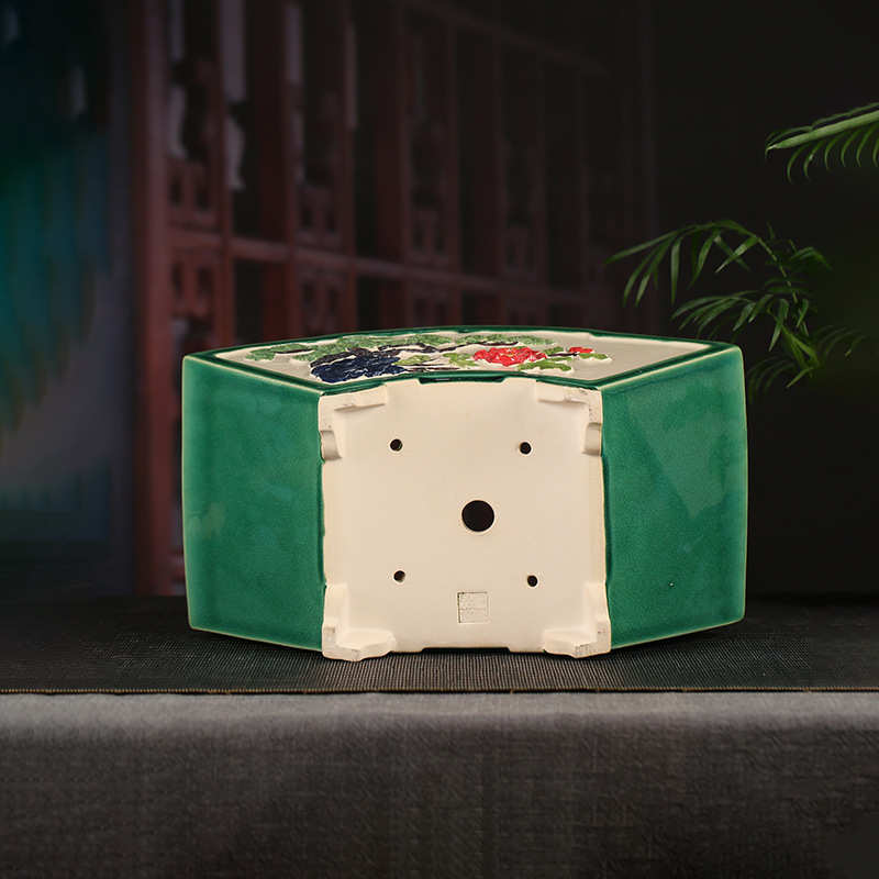 张治诚精品紫砂浮雕彩绘花盆批发扇形彩绘桌面文竹多肉盆景YDFD01