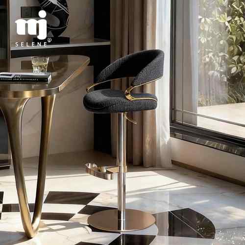 现代简约吧台椅粉棉麻布高脚椅可升降旋转厨房岛台椅高级感酒吧椅