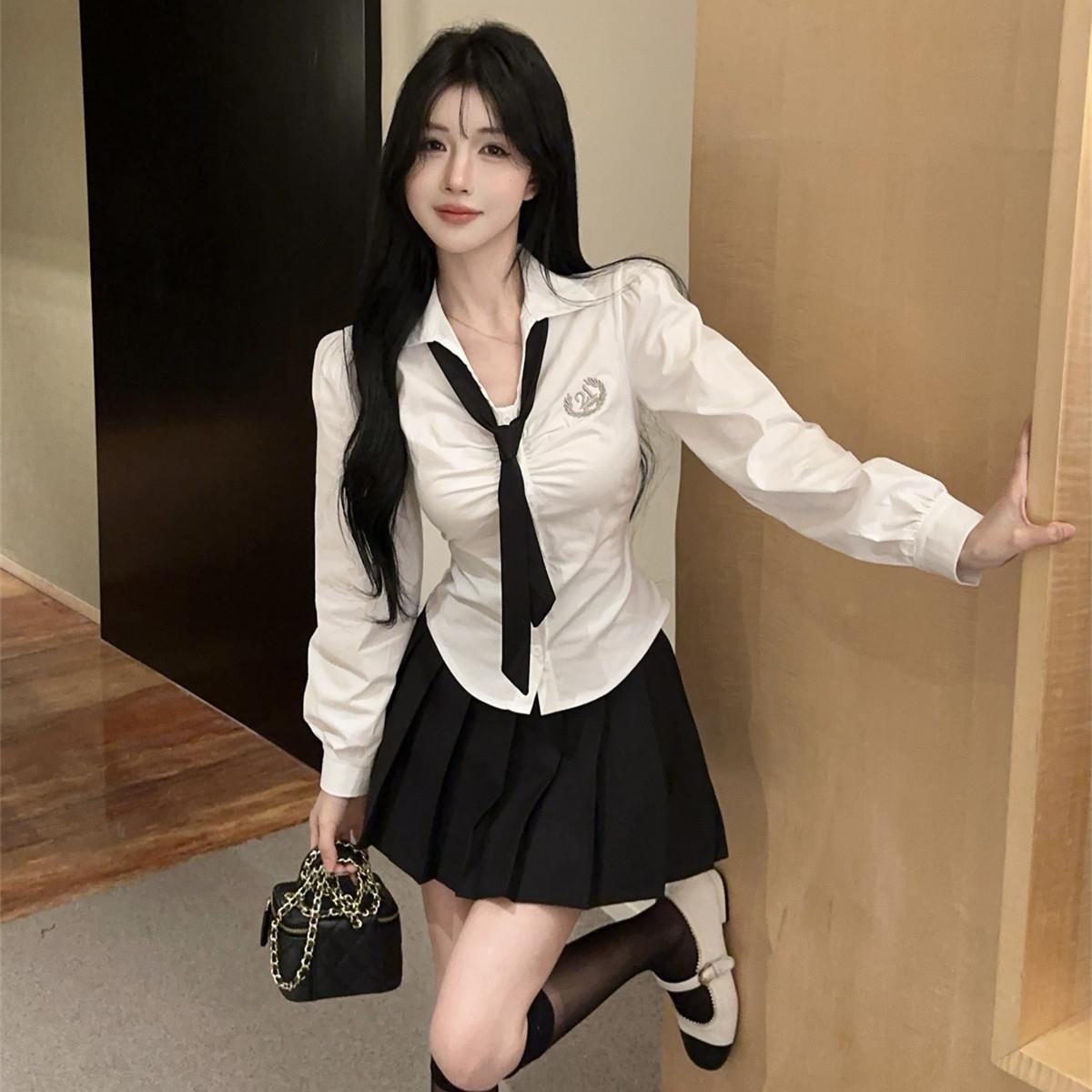 学院风制服套装减龄修身长袖领带衬衫纯欲显瘦小个子百褶裙套装