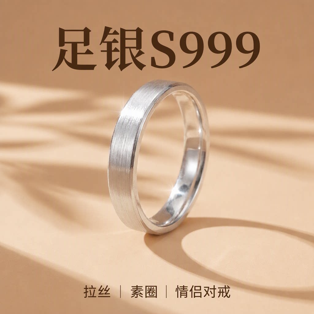 旗舰店足银S999拉丝极光素圈情侣戒指女闭口细圈叠戴尾戒轻奢小众