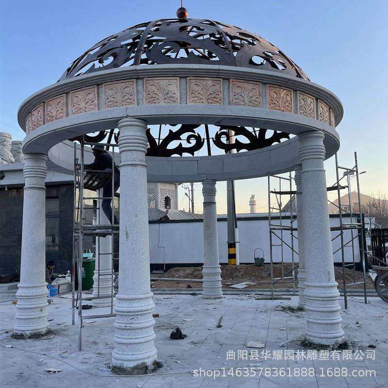欧式石雕凉亭雕塑户外别墅圆形大理石黄锈石铁艺穹顶欧式罗马柱石