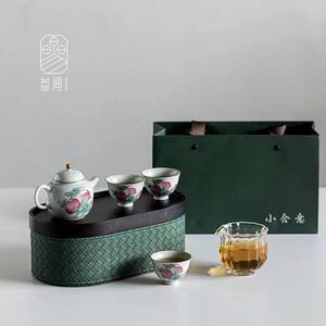 叁间复古寿桃旅行茶具套装便携式一壶三杯快客杯户外家用茶具套装