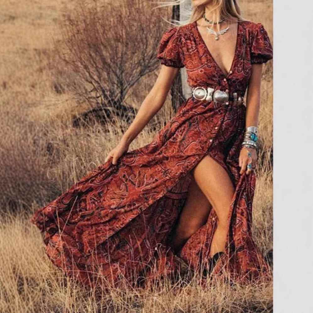 Womens Bohemian dress with waist and floral pattern long