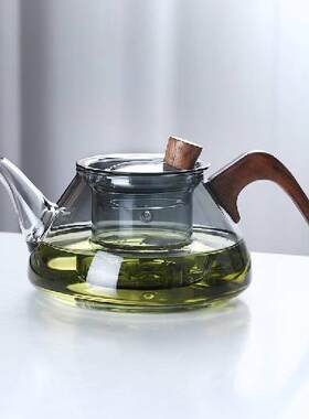 木把透黑色玻璃花茶壶 办公室茶水分类泡茶杯 可电陶炉加热煮茶壶