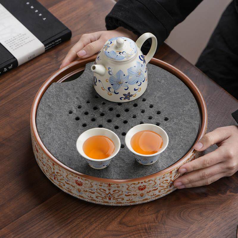 汝窑储水圆形茶盘乌金石高档家用托盘陶瓷新款茶台沥水干泡台茶托