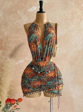 Women'S Vintage Pattern Mesh Plunging Neck Beaded Decor