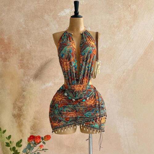 Women'S Floral Design Halter Backless Dress V-Neck Tie Front