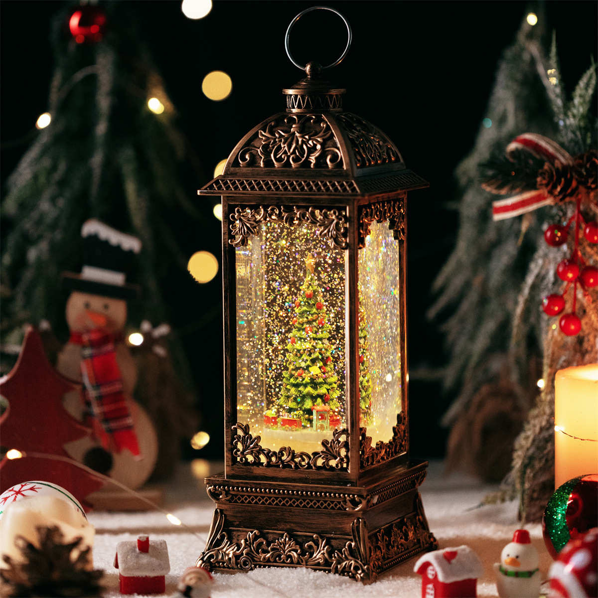 火车圣诞圣诞水晶球1灯音乐盒-夜圣诞树小复古布置氛围摆件s01