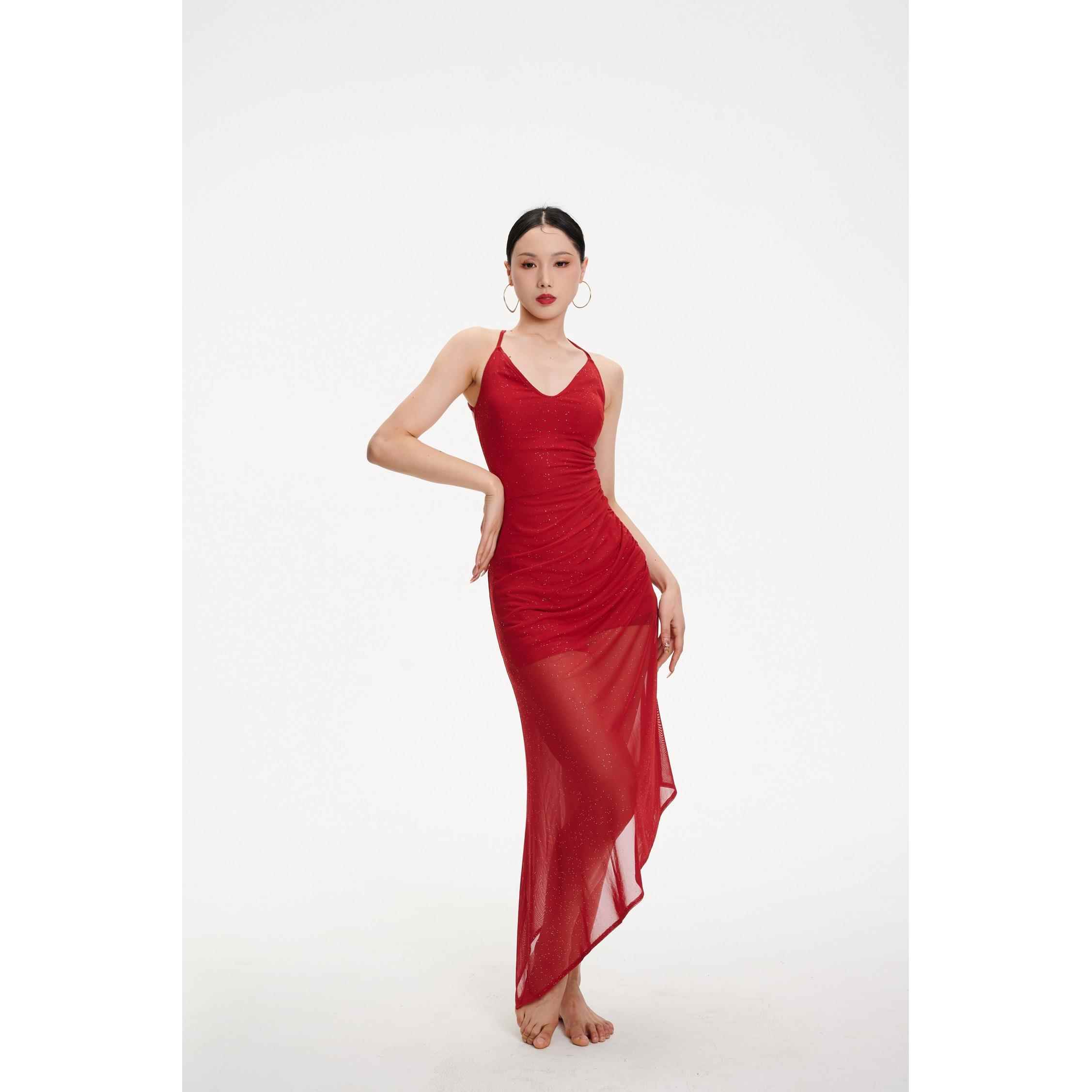 SOSO佳爵美系弹力闪光夏女士吊带开叉露背美背舞蹈连衣裙