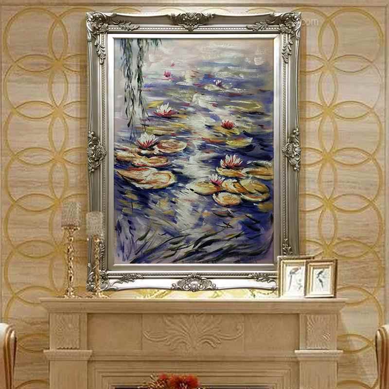 欧式油画荷花客厅挂画玄关装饰画田园壁画竖版装饰画名画莫奈睡莲图片