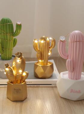 新款直销北欧ins风少女心仙人掌灯串网红房间装饰工艺品树脂摆件