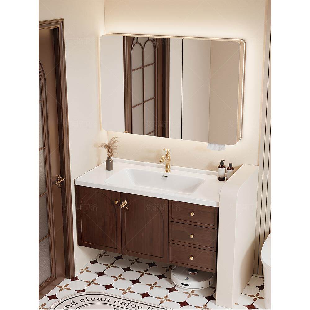 法式中古风橡木浴室柜陶瓷一体盆卫生间洗漱台洗手池洗脸盆柜组合