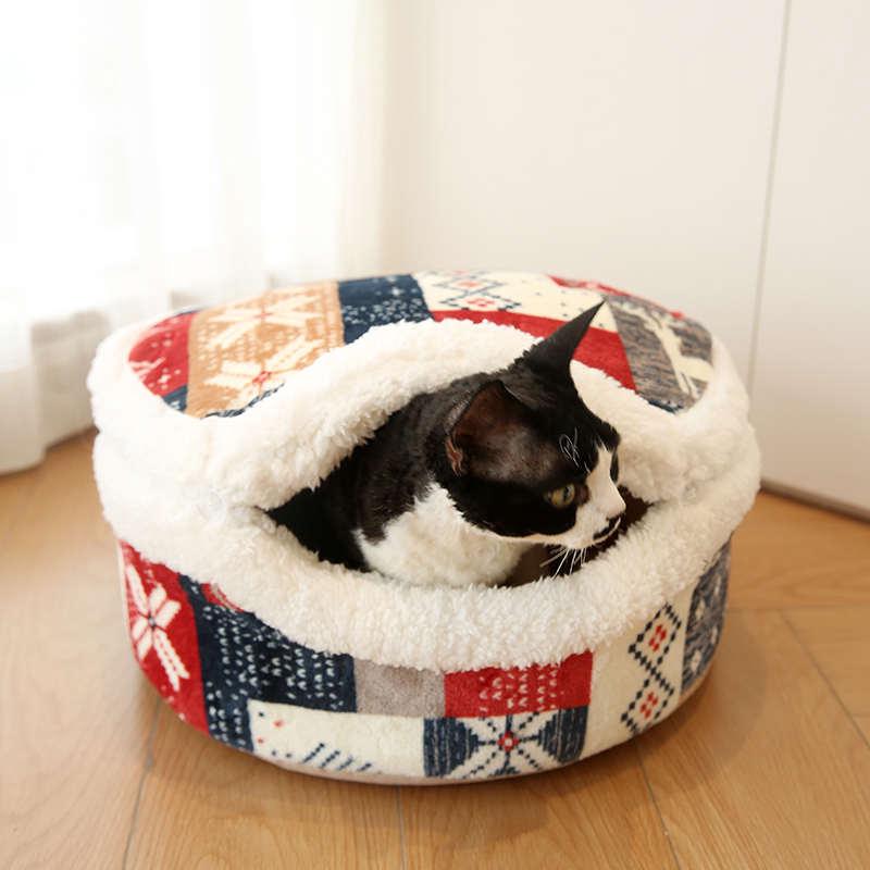 铜锣烧猫窝冬季保暖封闭式圣诞两用猫屋房子深度睡眠可拆洗猫窝