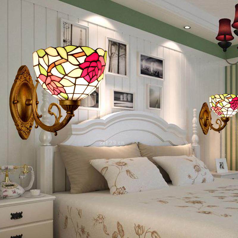 厂家直供欧濠蒂彩色玻璃客厅餐厅卧室床头书房过道阳台玫瑰花壁灯