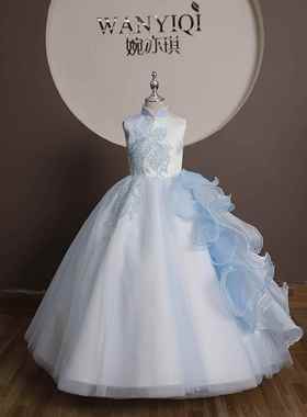 高档简婉琪女童亦礼约服国潮蓝色生日古筝无袖季夏儿童主持礼服演