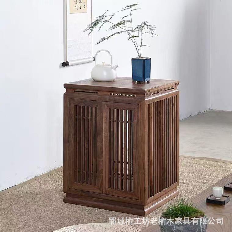 新中式老榆木茶水柜客厅角几烧水柜简约边柜茶室泡茶柜实木矮柜