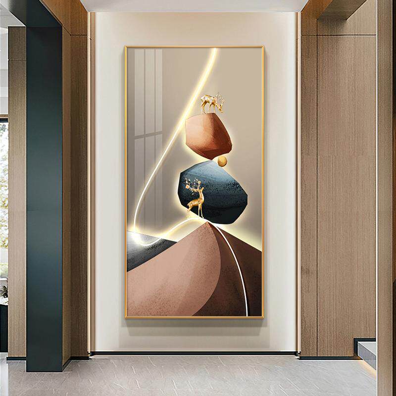 石来运转金石福禄现代轻奢玄关装饰画竖版入户招财鹿壁画走廊挂画