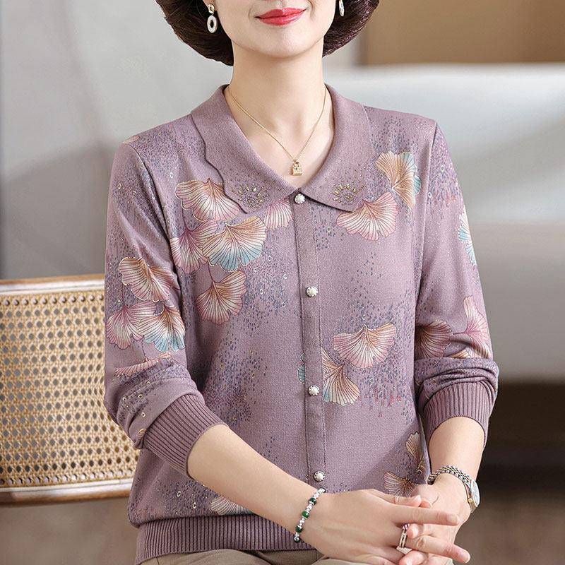 中老年女装春季宽松打底衫洋派妈妈春装新款长袖上衣翻领针织T恤