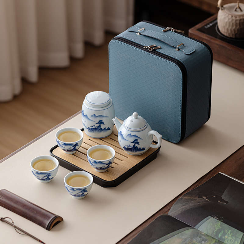 手绘青花旅行茶具套装户外便携式一壶四杯泡茶壶茶杯商务礼品定制