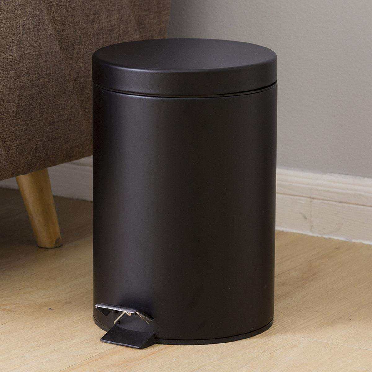 哑光黑色圆形翻盖垃圾桶家用缓降静音脚踏踩式带盖清洁桶