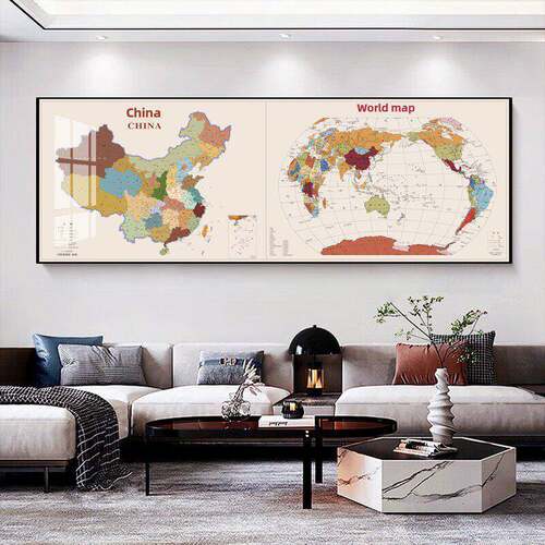 中国世界地图挂画联拼超大挂图高清客厅背景墙面装饰画办公室壁画