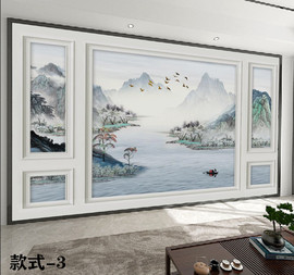 新中式水墨山水电视背景墙，壁纸客厅沙发大气，墙纸办公室装饰3d壁画