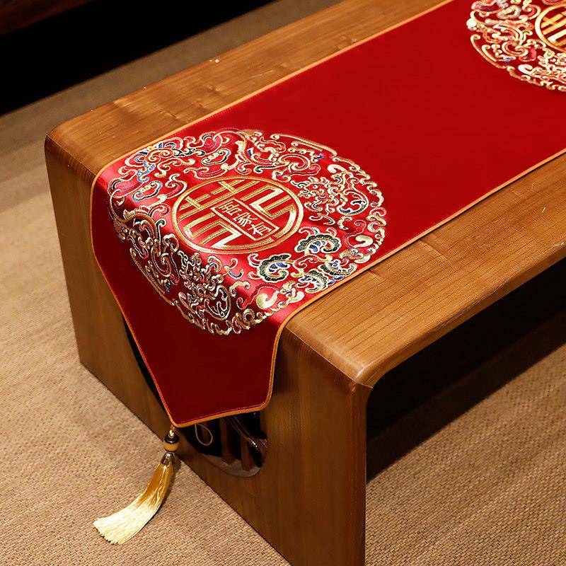 红色结婚桌旗中式婚喜礼字茶台桌布喜庆电视盖布装饰桌0410几布柜