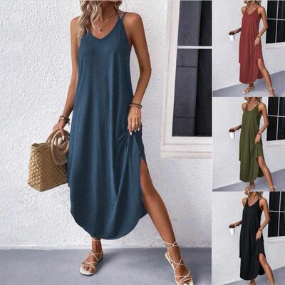 Women's Plain V-Neck Sleeveless Spaghetti Strap Black Dress
